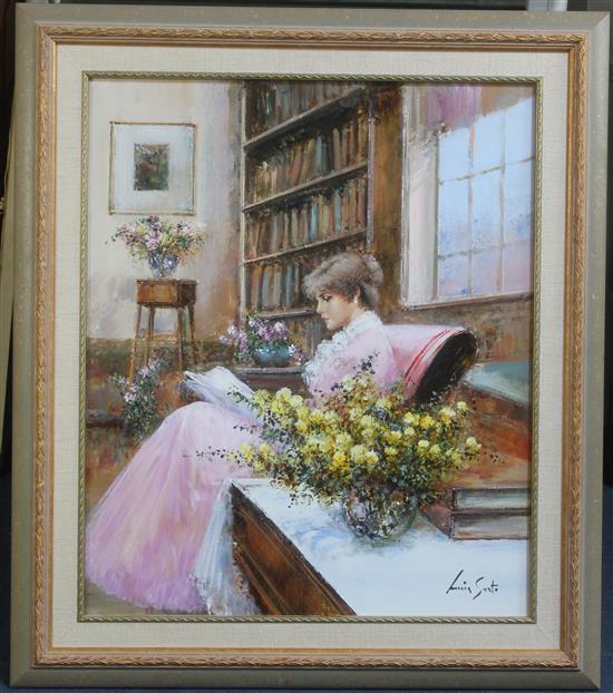 Lucia Sarto (b.1950) Interior with woman reading, 23 x 19.5in.